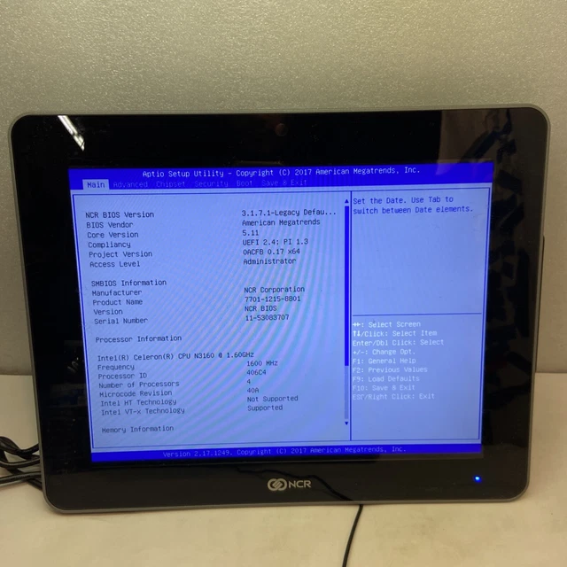 NCR XR5 7701-1215-8801 Celeron N3160 1.6GHz CPU 8GB RAM 120GB SSD 15" Touch POS
