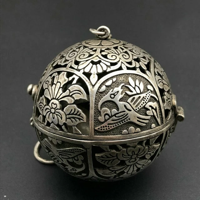 Exquisite Old Chinese tibet silver handcarved flower bird Hang incense burner 36