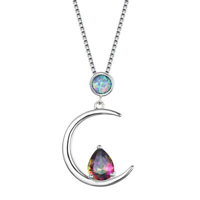 Fashion Silver Rainbow White Simulated Opal Pendant Necklace Chain For Women