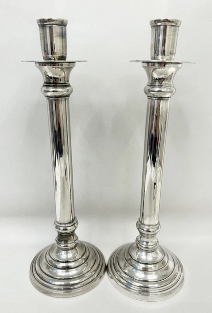 2 Nickel-Plated Brass Candlesticks Shabbat Candle Holders 13" tall 4.5" base