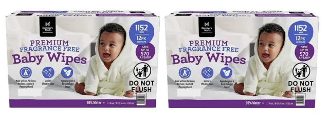 2 Member's Mark Premium Fragrance-Free Baby Wipes, 12 Packs each (1152 ct. each)