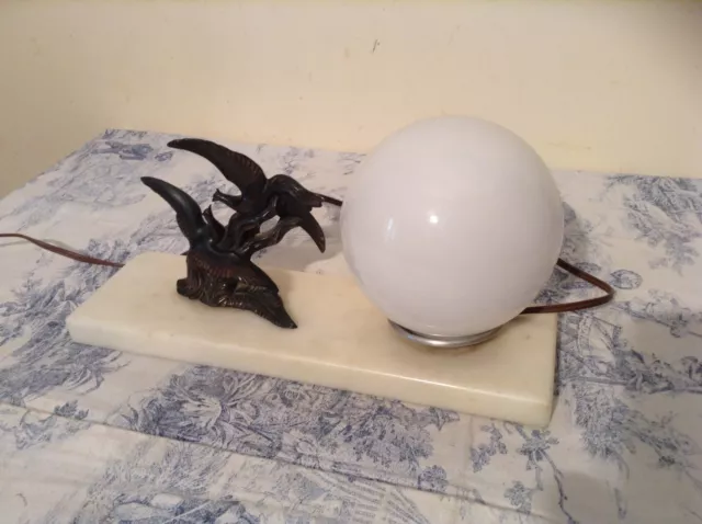 French Art Deco Marble Base Desk Table Lamp Light - Birds (1871)