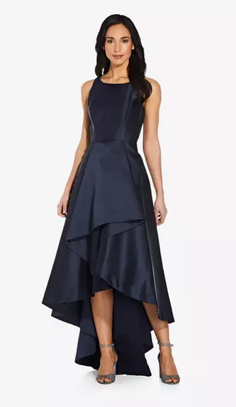 Adrianna Papell High Low Mikado Gown With Asymmetrical Detail In Midnight Size: