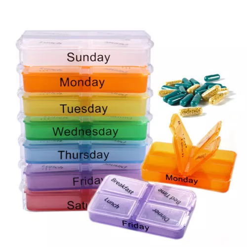 7 Day (Weekly) Large Multi-Colour*Pill Box -28 Compartment with Removable-Tra#km