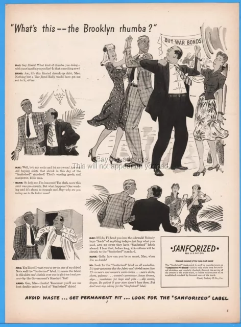 1944 Sanforized Fabric Brooklyn Rhumba Mac Hank WWII Buy War Bonds Ad