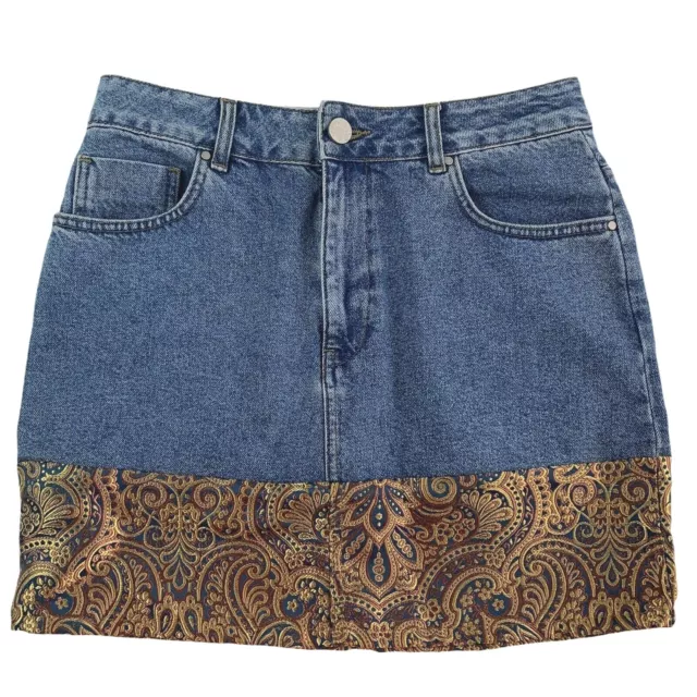 Asos Denim Skirt Womens 6 Blue Jean Gold Jacquard Trim Boho Festival Colorful