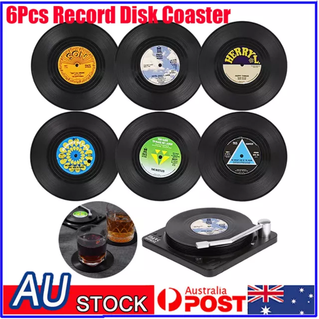 6Pcs/Set Coasters for Drinks Retro Record Disk Coaster with Vinyl Player Holder