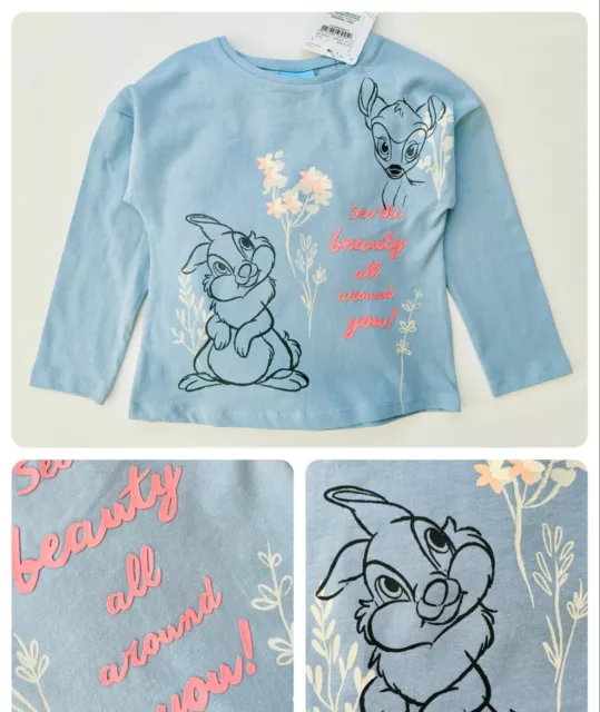 T-shirt carina Disney Bambi top a maniche lunghe bambina TU blu cotone NUOVA