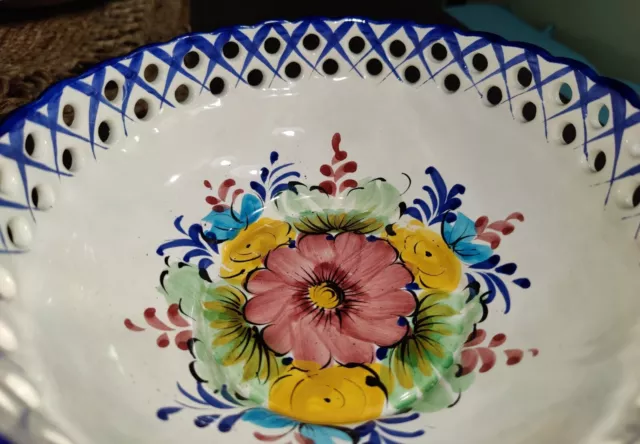 Art Pottery Bowl Floral Pierced Edge Blue White Red Portugal Signed Hand Painted