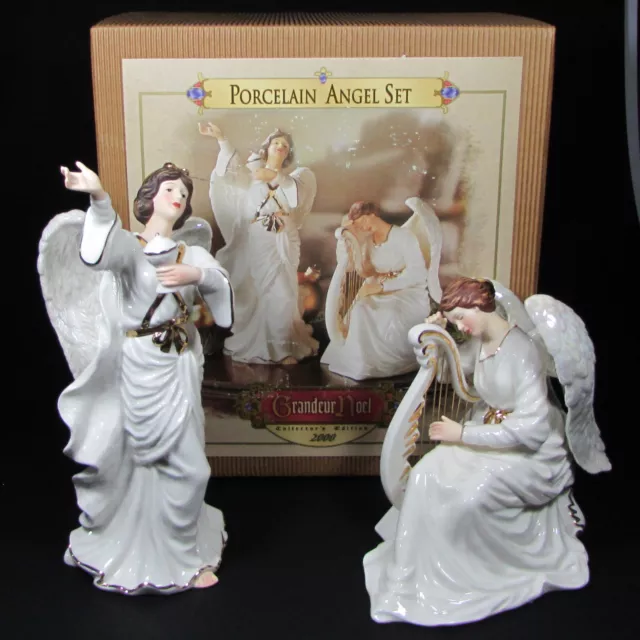 Grandeur Noel 2000 Collector's Edition Large Porcelain Angel Set Two Nativity