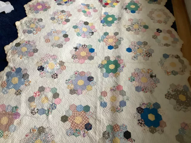 Antique Handmade Hand Quilted Grandmother Flower Garden Quilt  84 X 68