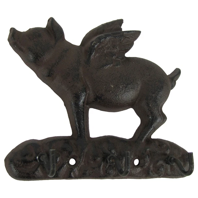 Metal Wall Mount Flying Pig w/ Wings 3 Hooks Key Ring Holder/Coat Rack/Hat Hook 2