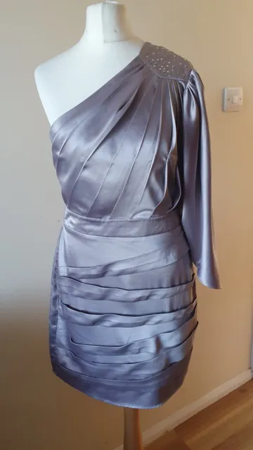 Lipsy Women's One Shoulder Grey Satin Split Sleeve Party Dress Size 12 Fit 8