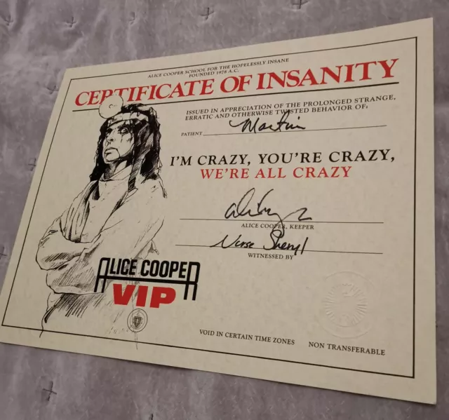 Alice Cooper Signed Autographed Certificate Of Insanity