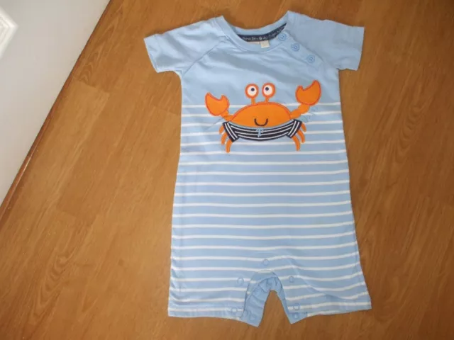 Jojo Maman Bebe Blue Striped Romper With Crab Applique Size 6-12  Months