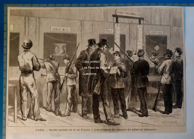Collégiens au concours Societe centrale de tir gravure 1875 antique print