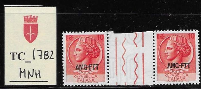 TC_1782. TRIESTE FTT. Gutter pair of 10 Lire 1953 "SIRACUSANA". MNH
