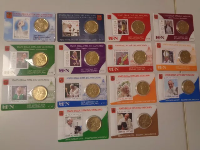 VATIKAN 2011 / 2020 - 14 x Stamp-& Coincard 1 + 2, 14 - 21 + 32 - 35 komplett!