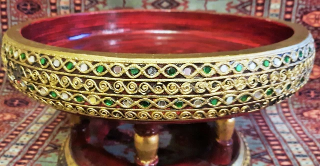 BURMESE ALTAR TABLE vtg thai temple buddha bowl sculpture gold gilt wood lacquer 7