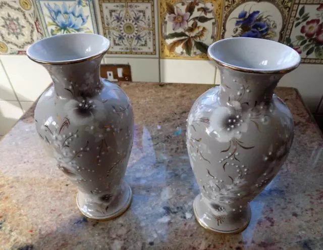Pair 1960's Vases hand painted hand made Portugal stunning excellent condition