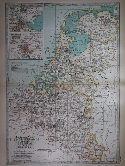 Old 1902 Century Atlas Map ~ THE NETHERLANDS BELGIUM LUXEMBERG ~ (12x16) -#1152