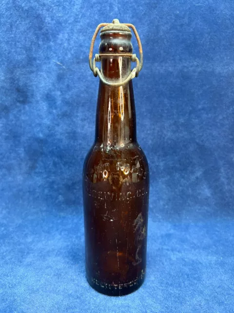 Antique Pre-Pro GRAND RAPIDS BREWING CO Amber Embossed Bottle w Latch Cork