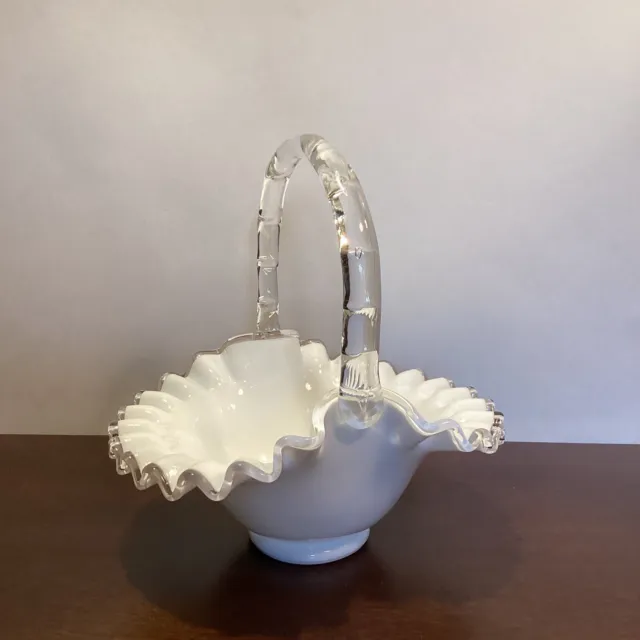 Vintage Fenton Silver Crest Milk Glass Basket Ruffled Edge Bamboo Handle 7.5”