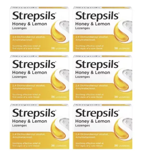 Strepsils Honey & Lemon 36 Lozenges Sore Throat Soothing Effective Relief 6-Pack