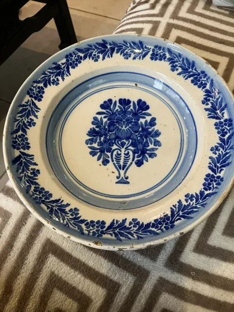 Early POLYCHROME 18th C Antique Dutch Delft Charger RARE Blue White Floral 10.75