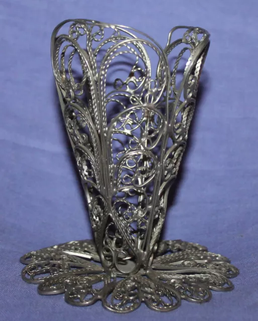 Vintage hand made ornate silver plated filigree small vase cup holder