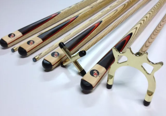 Full Ash WOODEN POOL SNOOKER BILLIARD CUE SET, BRASS Cue Rest Spider 2x Cues