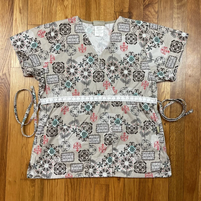 Tafford Scrubs Top Womens XS V-Neck Tie Back Floral Brown Medical Clothing