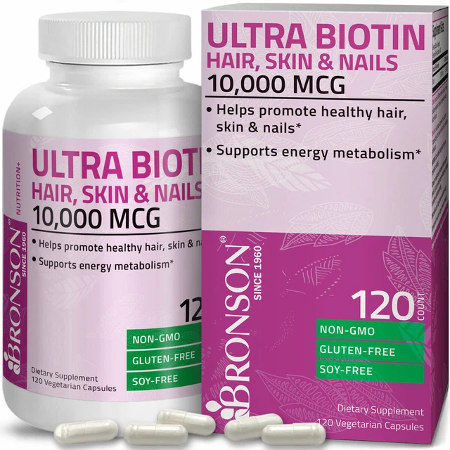 Natural Ultra Biotin 10,000mcg Non-GMO Gluten 120 Caps Organic Nails Hair Skin