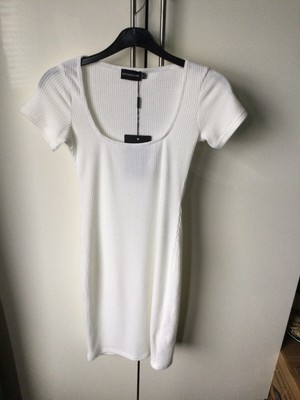 BNWT Pretty Little Thing White Square Neck Brushed Rib Bodycon Dress UK 10