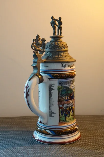 Original Bierkrug 118 J. alt, mit Zinndeckel München, Infantrie Regiment "König"