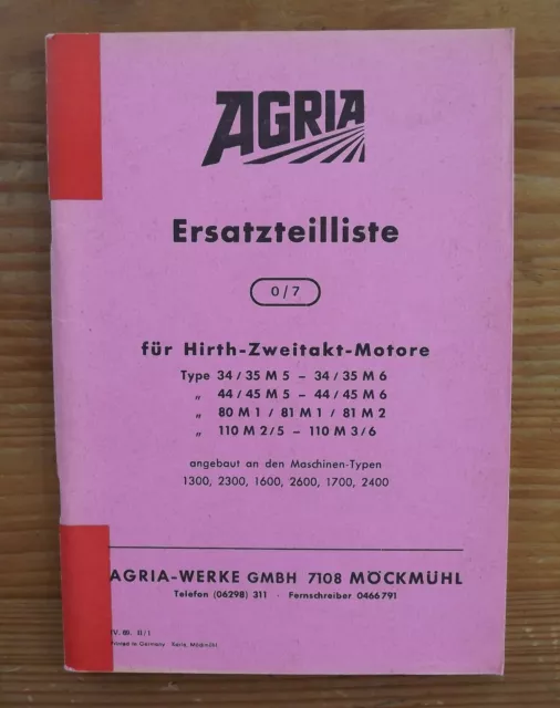 Hirth Ersatzteilliste Zweitakt Motoren Agria 1300 2300 1600 2600 1700 2400 usw..