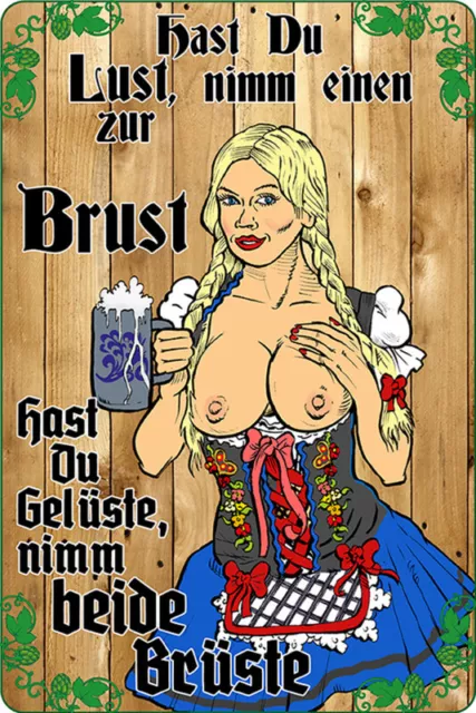 mrdeco Metall Schild 20x30cm Pinup Nimm einen zur Brust Alkohol Bier Blechschild