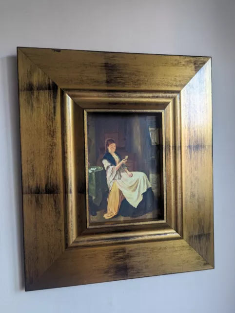 Long Haired Beautiful Woman Small Framed Old Oil Painting On Thick Wooden Panel