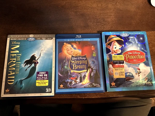 Lot of 3 Disney Blu-Ray/DVD: Pinocchio, Sleeping Beauty, Little Mermaid 3D