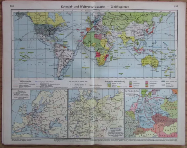 1935 KOLONIAL- UND WELTVERKEHRSKARTE WELTFLUGLIENIEN historische Karte old map