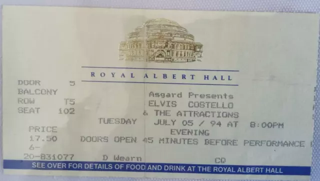 Elvis Costello & the Attractions original used concert tour ticket, RA Hall 1994