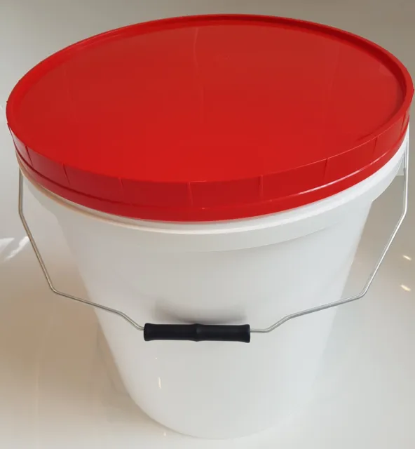 20 L Ltr Litre White Plastic Bucket Container w RED Lid & Metal Handle FoodSafe