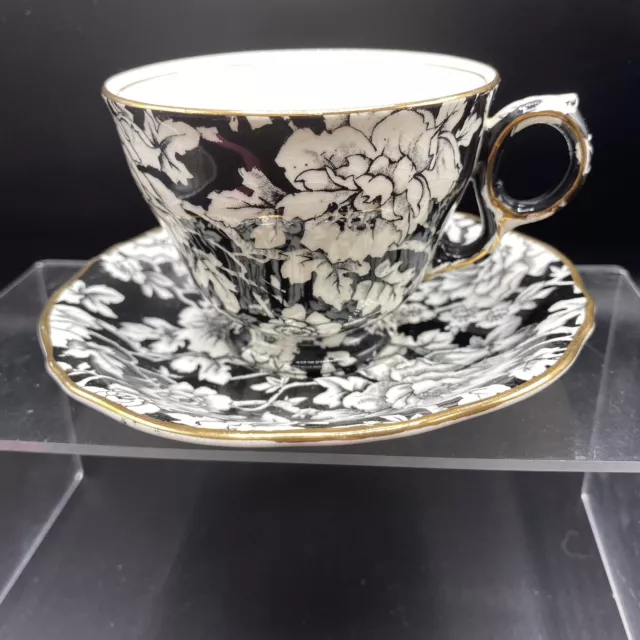 Vtg Royal Winton Grimwades PEONY, Black White Flowers Cup & Saucer Chintz Coffee