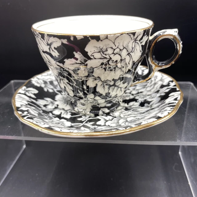 Vtg Royal Winton Grimwades PEONY, Black White Flowers Cup & Saucer Chintz Coffee