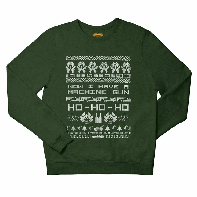 NOW I HAVE a Machine Gun, Ho Ho Ho Festive Green Christmas Jumper Xmas