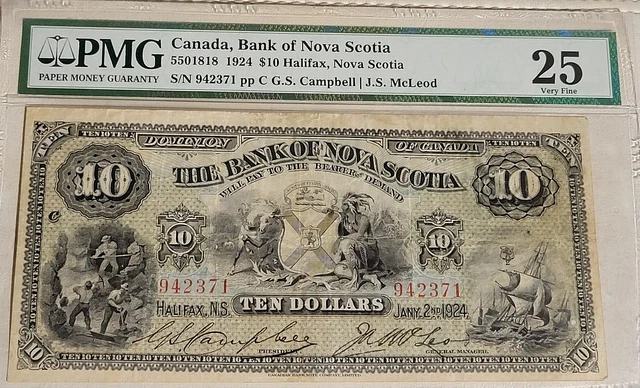 1924 $10 Canada Bank Of Nova Scotia 5501818 PMG 25 Very Fine S/N 942371