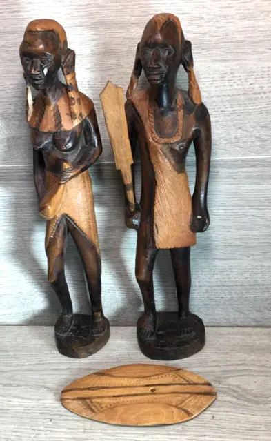 African Tribal Wood Hand Carved  Figurine Masai warrior and woman Statue vintage