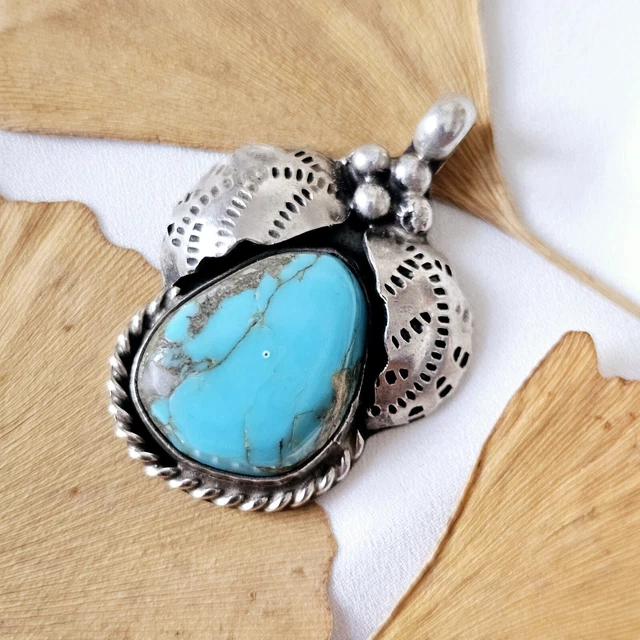 Pendentif Vintage Style Navajo - Nacre, Turquoise Et Argent Massif - Occasion