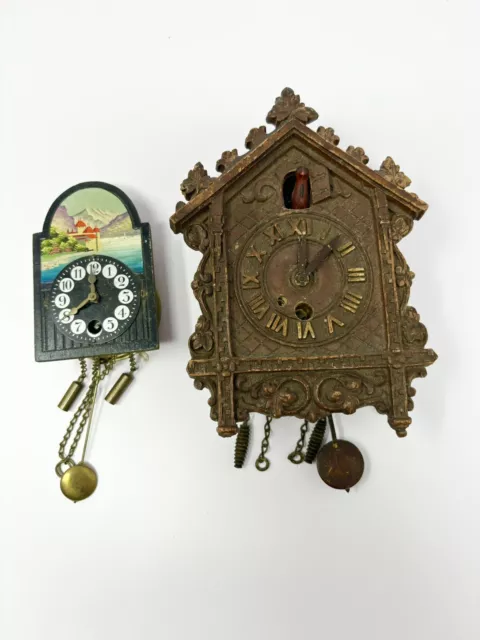 2 Lovely Vintage Miniature Wind Up Clocks - Cuckoo - Scenic - Untested