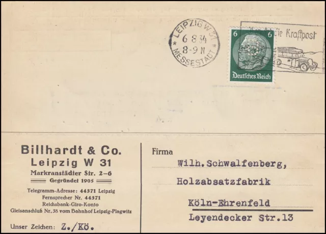 Firmenlochung B auf Hindenburg 6 Pf als EF auf Fern-Postkarte LEIPZIG 6.8.34